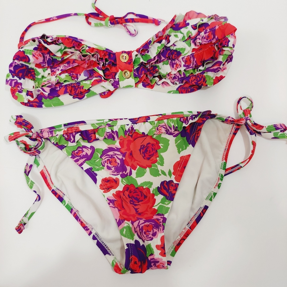 Junior Ruffled Floral Tie Bakini 2-pc Bathing Suit, Xhilaration Large - Picture 1 of 12